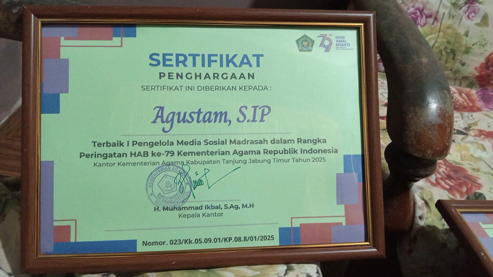 Humas MAN 2 Tanjung Jabung Timur Raih Penghargaan Pengelolah Media Sosial Madrasah Terbaik I